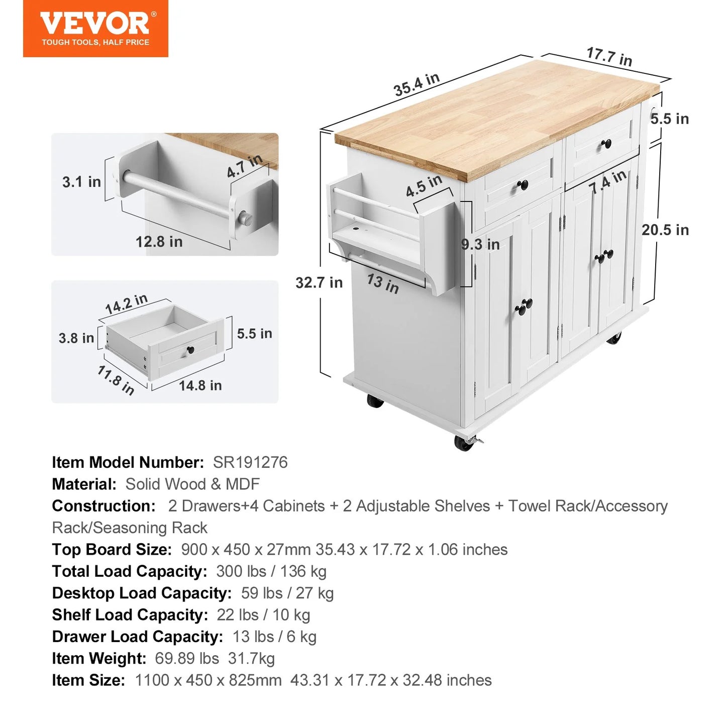 VEVOR Kitchen Island Cart with Solid Wood Top, 35.4 Width Mobile Carts with Storage Cabinet, Rolling Kitchen Table with Spice Rack, Towel Rack, and Drawer, Portable Islands on Wheels, White