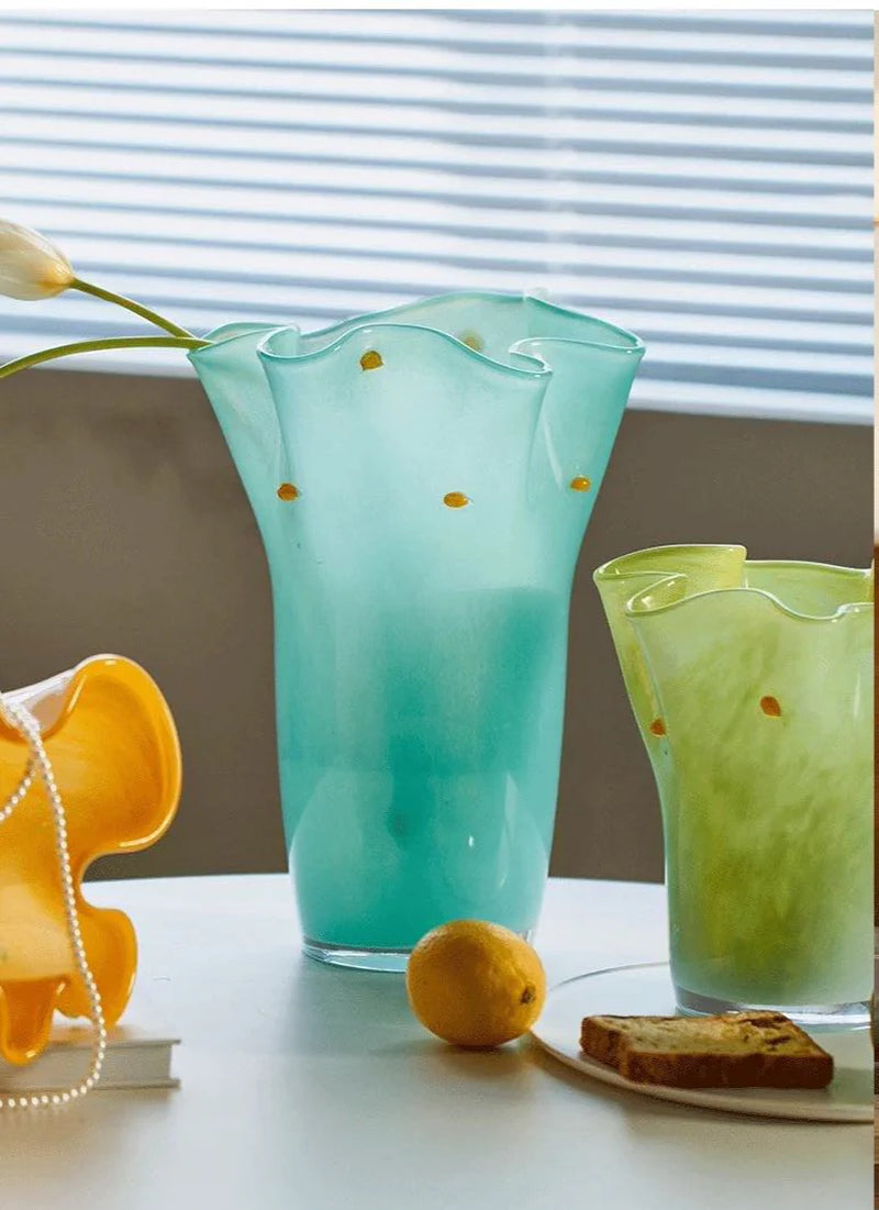 Handblown Wavy Whimsical Glass Vase - Eclectic Table Setting Centrepieces