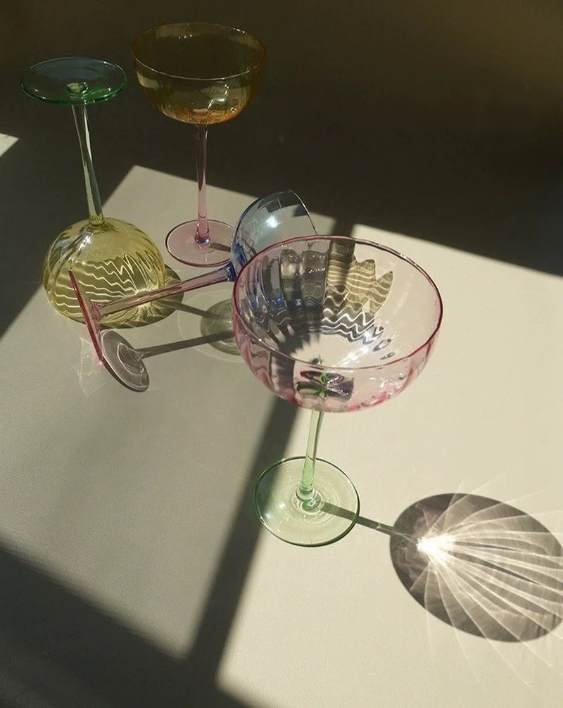 Hand Blown Retro Pastel Coloured Cocktail Glasses Coupe Set of 4 ( $22.5 Each )