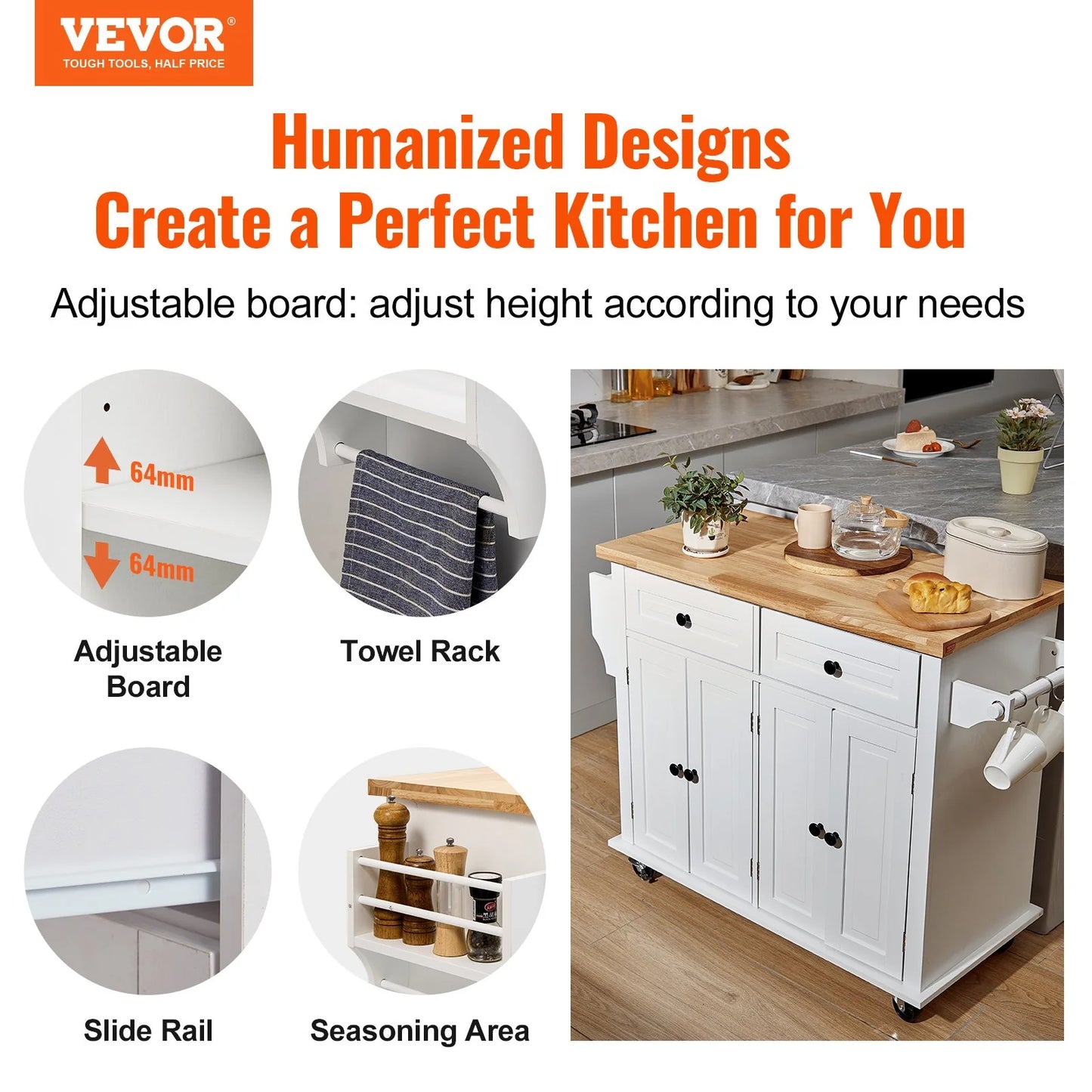 VEVOR Kitchen Island Cart with Solid Wood Top, 35.4 Width Mobile Carts with Storage Cabinet, Rolling Kitchen Table with Spice Rack, Towel Rack, and Drawer, Portable Islands on Wheels, White